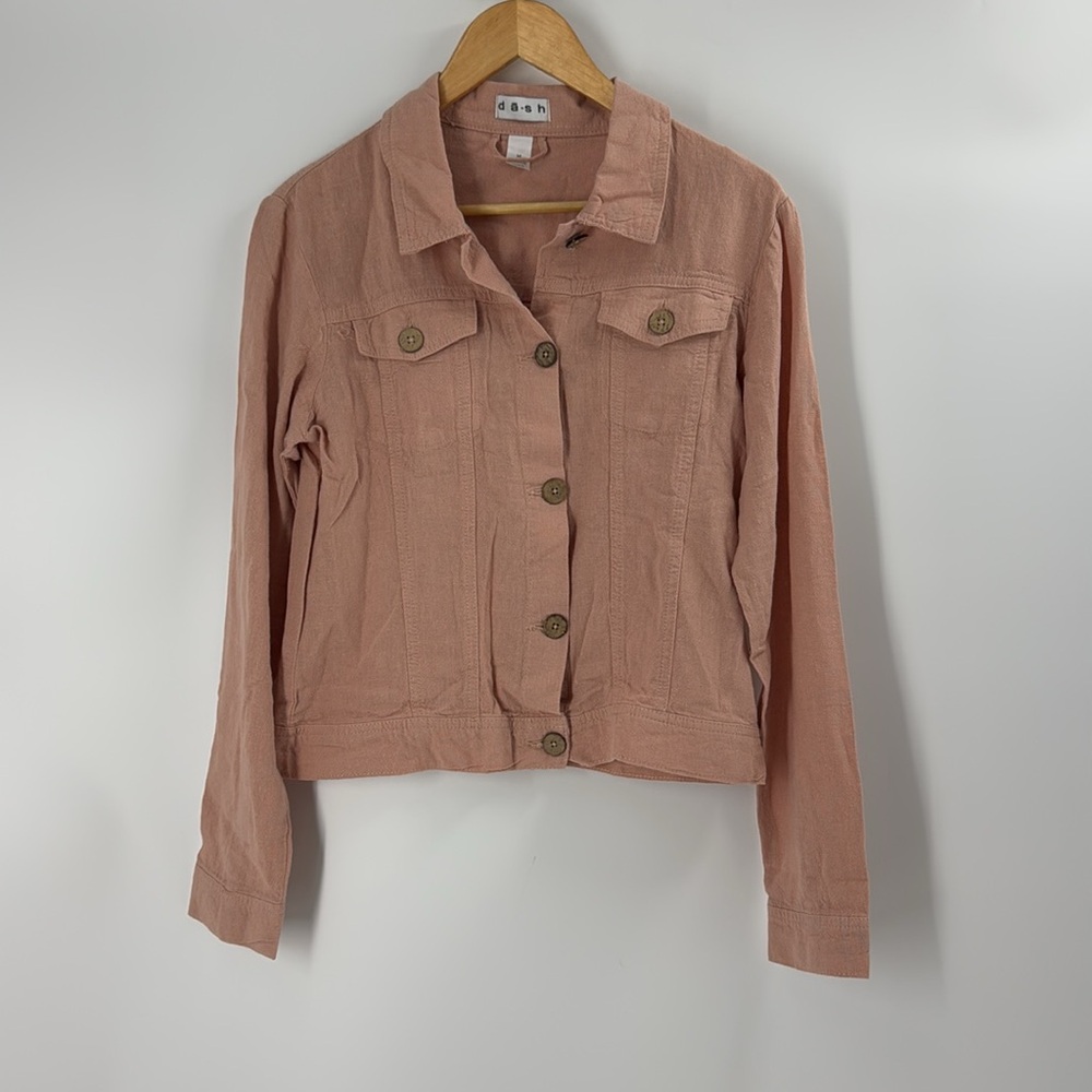 dash linen blend button front dusty rose pink jean style jacket upper pockets